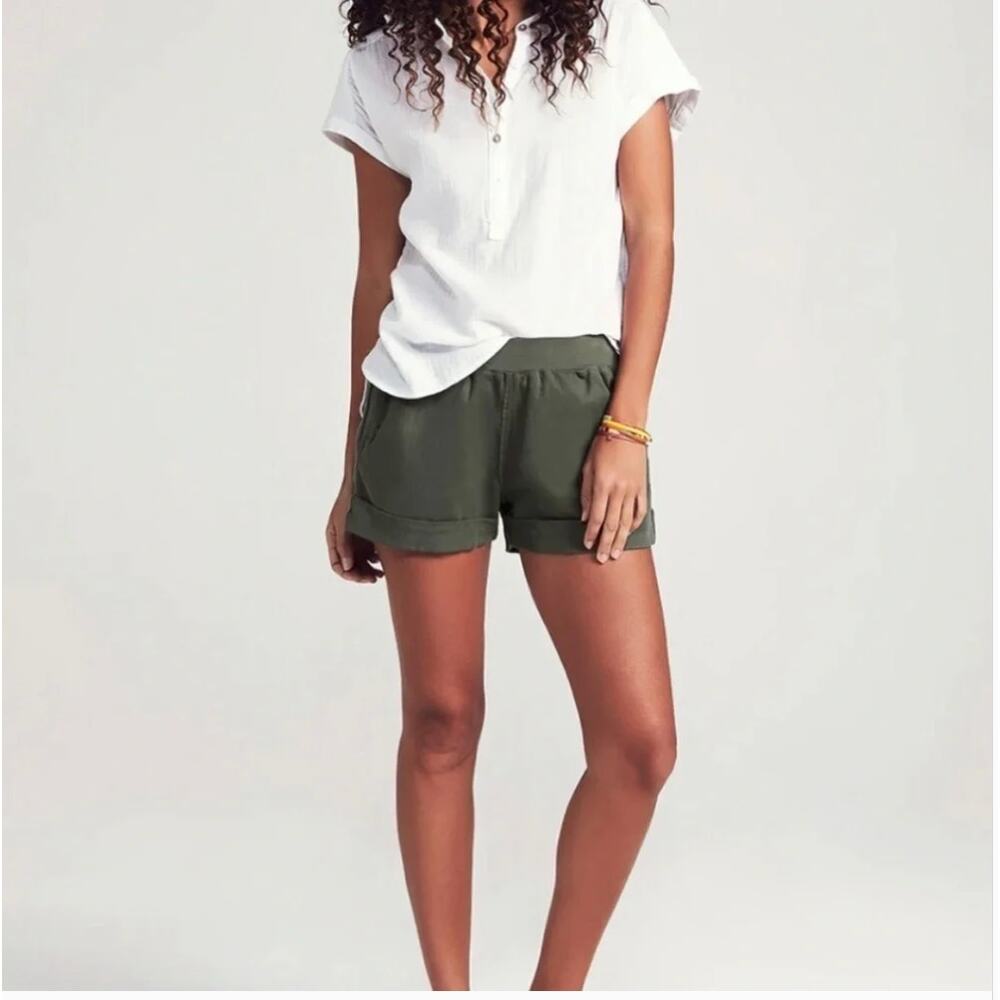 Faherty Arlie Day Linen Blend Elastic Waist Rolled Cuff Shorts Sz M Olive Green